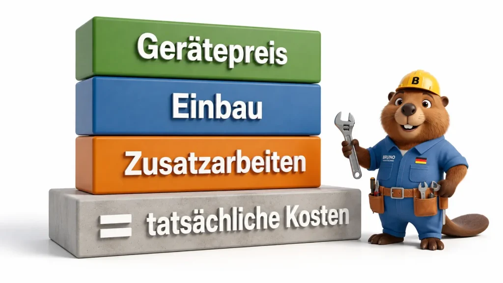 3D-Infografik mit Bruno: Gerä­tepreis, Einbau und Zusatzarbeiten ergeben die tatsächlichen Kosten einer neuen Heizung.