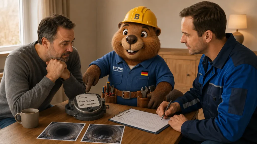 Bruno, Bewohner und Techniker besprechen in Pfullingen Arbeitsbericht, Meterangabe und Kamerabilder.
