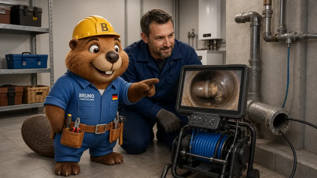 Bruno und ein Techniker prüfen in einem sauberen Keller in Pfullingen den Befund einer Rohrkamera.