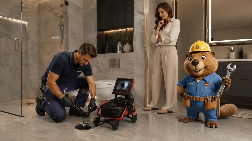 Ein Fachmann prüft eine Abwasserleitung mit Rohrkamera, während Bruno und eine Frau zusehen.