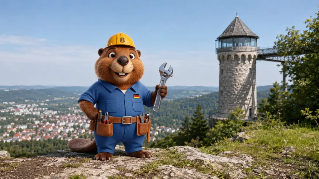 Bruno der Biber steht mit Werkzeug vor dem Raichbergturm bei Albstadt.