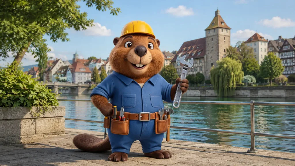 Bruno der Biber in Bad Friedrichshall am Neckar mit Werkzeug für die Rohrreinigung.