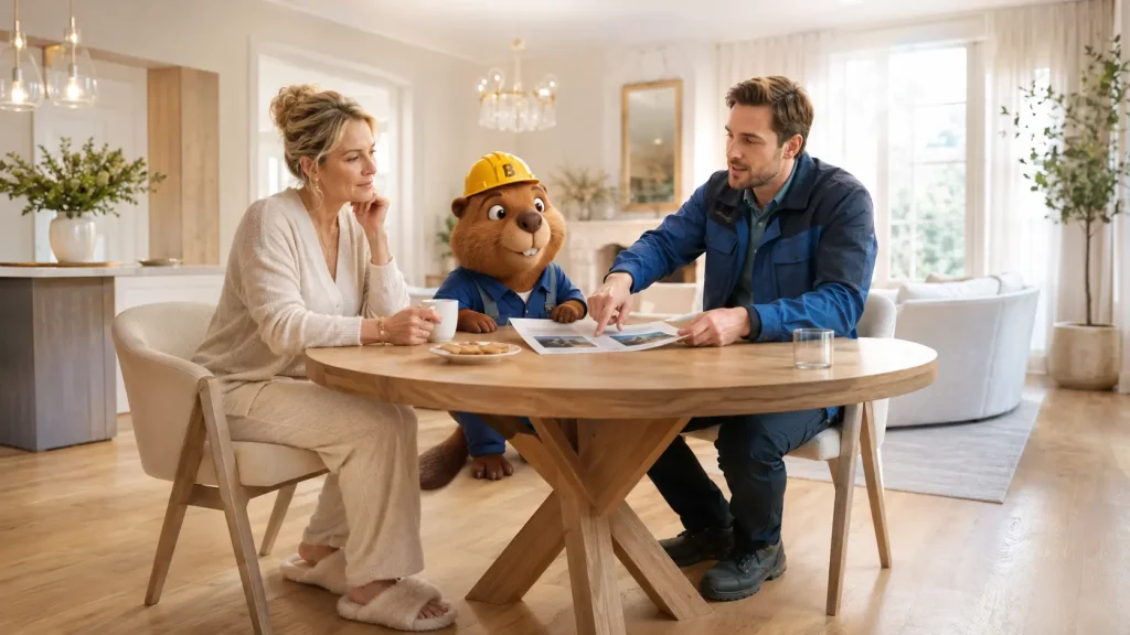 Sandra prüft mit Bruno und dem Techniker den Arbeitsbericht nach der Rohrreinigung in Bad Waldsee.