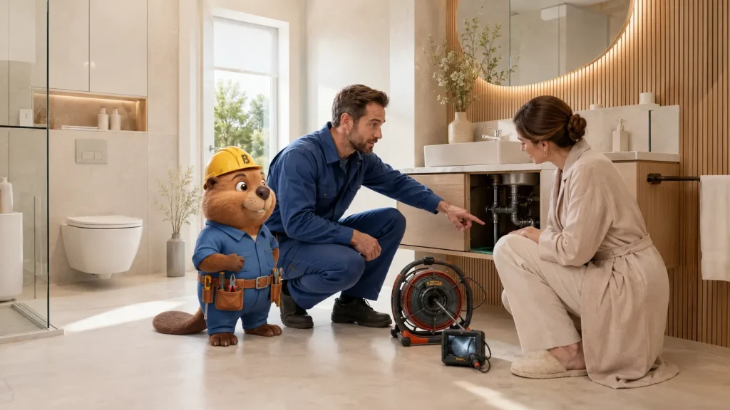 Ein Techniker erklärt Sandra und Bruno den Leitungsverlauf und die Untersuchung der verstopften Badleitung.