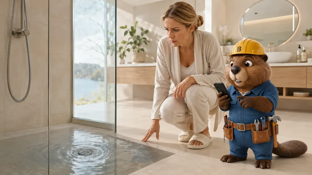 Sandra und Bruno der Biber dokumentieren einen Rückstau am Duschablauf einer Wohnung in Bad Waldsee.