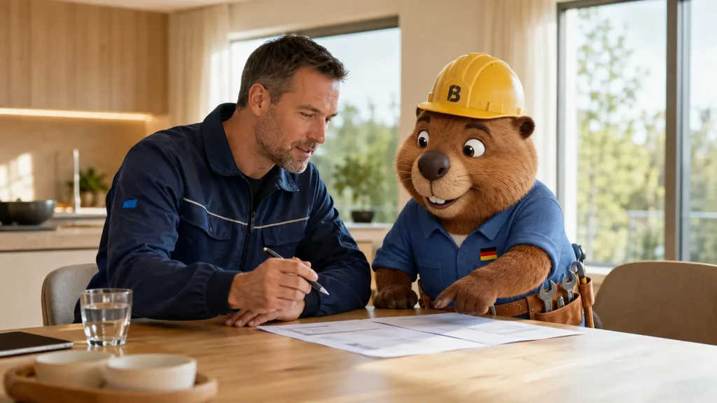 Frank, Bruno und ein Techniker prüfen gemeinsam den Arbeitsbericht nach der Rohrreinigung in Günzburg.