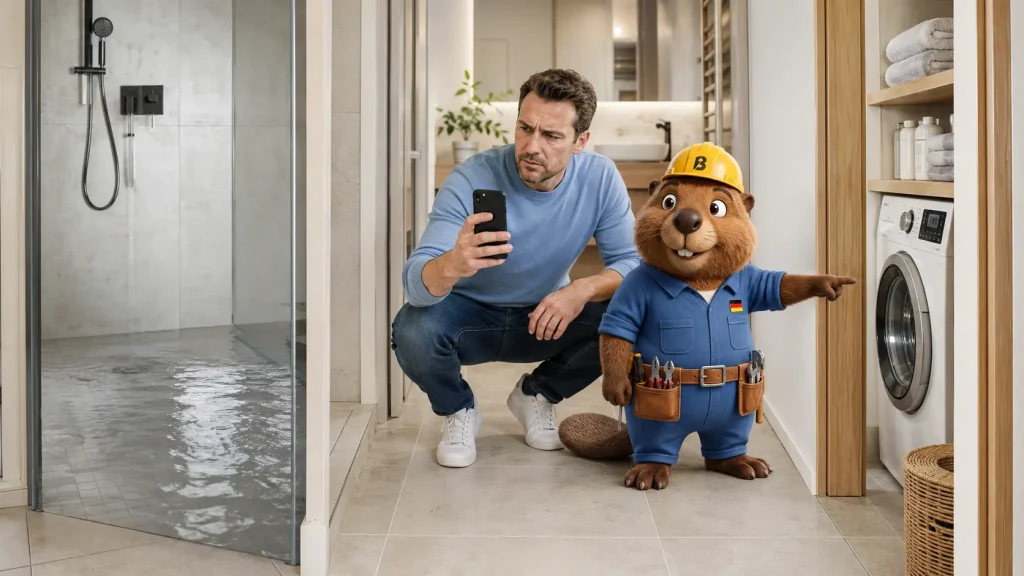 Frank dokumentiert Rückstau in der Dusche, während Bruno auf die ausgeschaltete Waschmaschine zeigt.