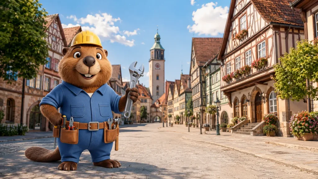 Bruno der Biber als Handwerker in der historischen Altstadt von Kenzingen.