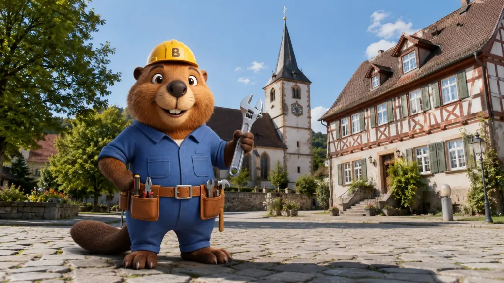 Bruno der Biber in Korntal-Münchingen vor der historischen Kulisse von Münchingen.