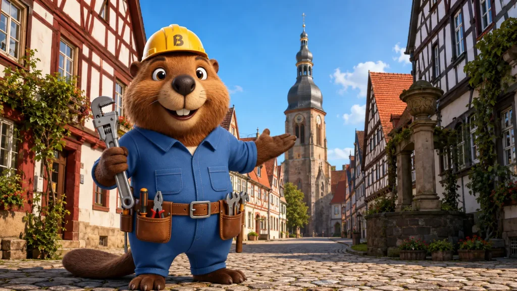 Bruno der Biber als Handwerker in der historischen Altstadt von Ladenburg.