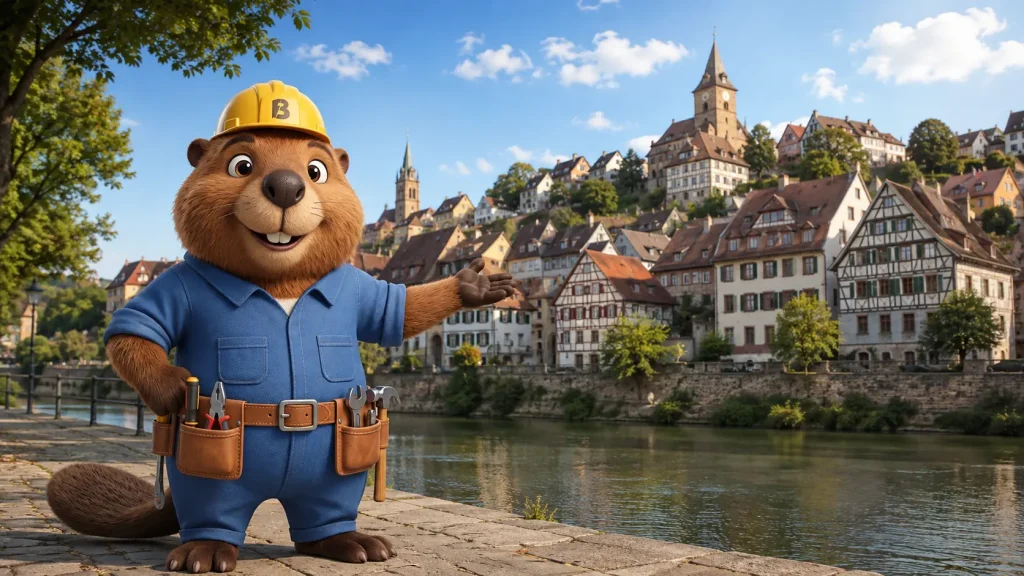 Bruno der Biber in Marbach am Neckar vor der historischen Altstadt am Neckar.