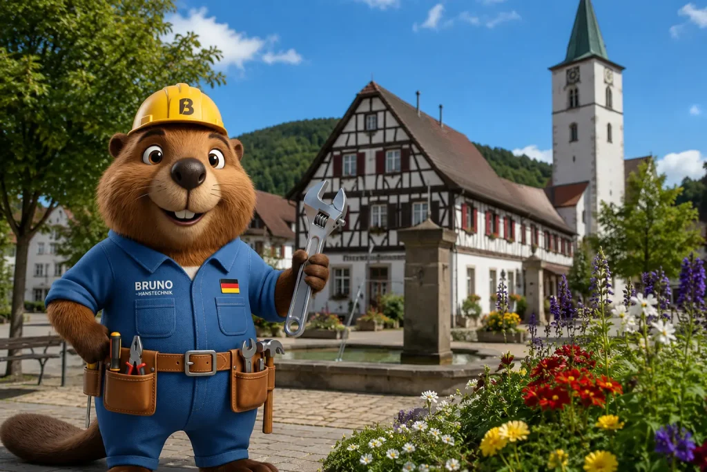 Bruno der Biber vor dem Albtrauf bei Mössingen als Maskottchen für Rohrreinigung