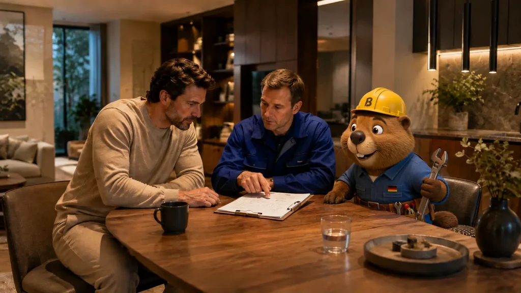 Martin prüft mit Bruno und dem Techniker den Arbeitsbericht nach der Rohrreinigung in Rheinstetten.