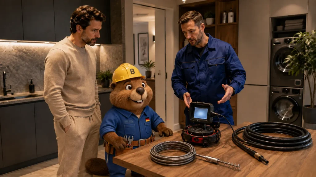 Ein Techniker erklärt Martin und Bruno, welche Geräte für die Rohrreinigung in Rheinstetten eingesetzt werden.