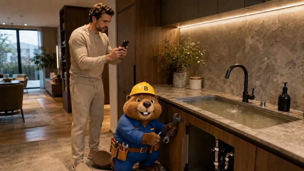 Martin und Bruno der Biber dokumentieren einen Rückstau in der Küchenspüle einer Wohnung in Rheinstetten.