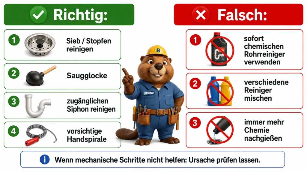 Bruno zeigt richtige Schritte zur Rohrreinigung und warnt vor chemischen Rohrreinigern und dem Mischen von Reinigungsmitteln