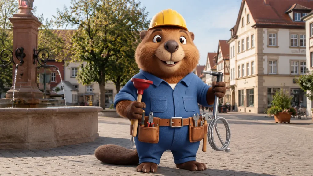 Bruno der Biber in Sandhausen mit Werkzeug für die Rohrreinigung im Ortszentrum.