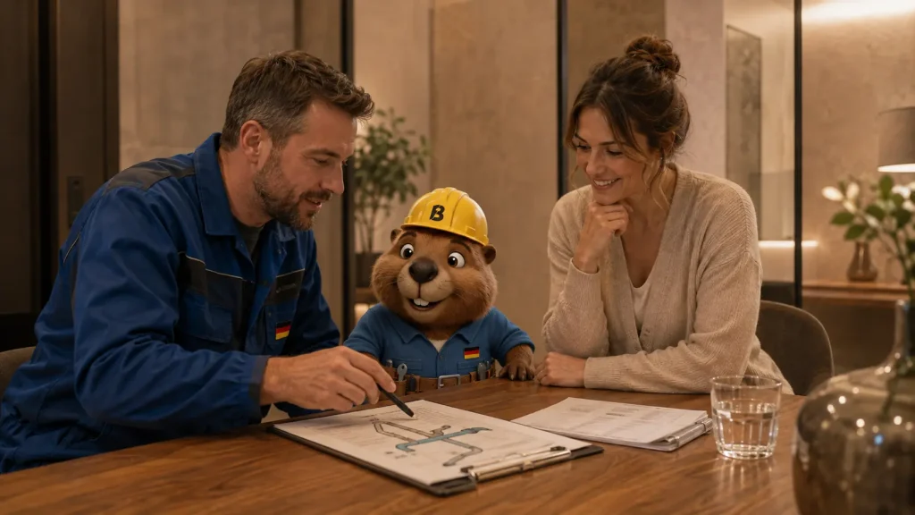 Lisa prüft mit Bruno und dem Techniker den Arbeitsbericht nach der Rohrreinigung in Schramberg.