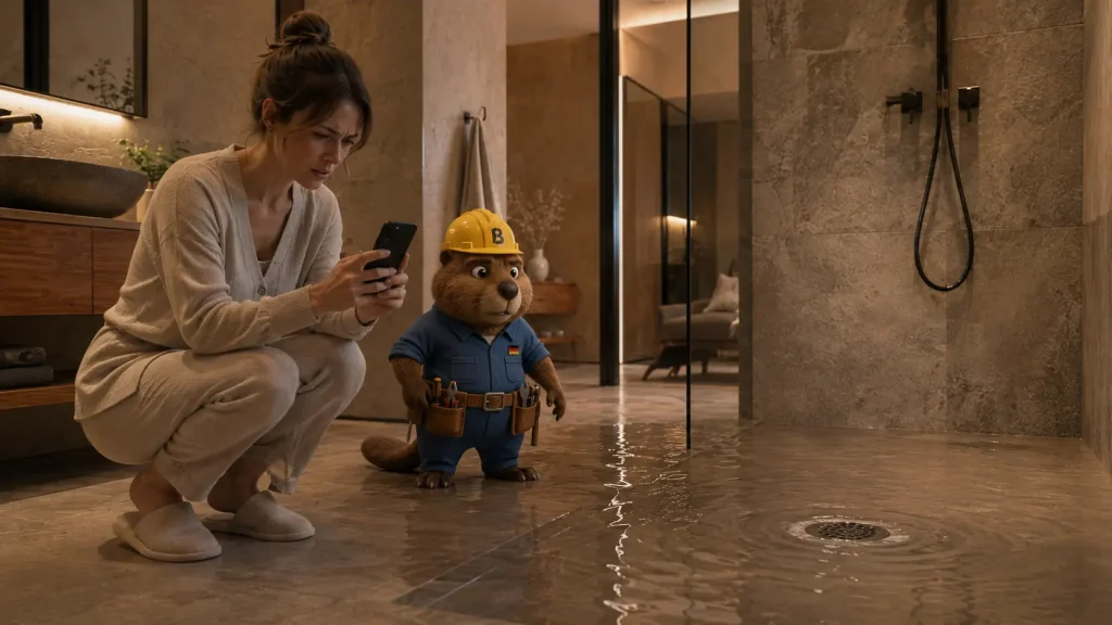 Lisa und Bruno der Biber dokumentieren einen Rückstau in der Dusche einer Wohnung in Schramberg.