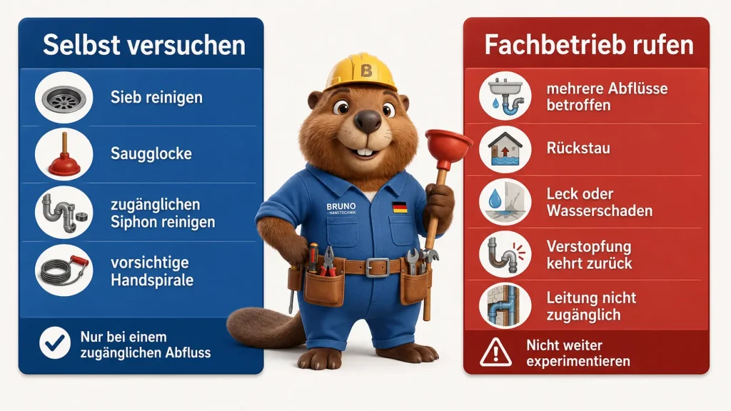 Bruno zeigt, wann man einen Abfluss selbst reinigen kann und wann ein Fachbetrieb gerufen werden sollte