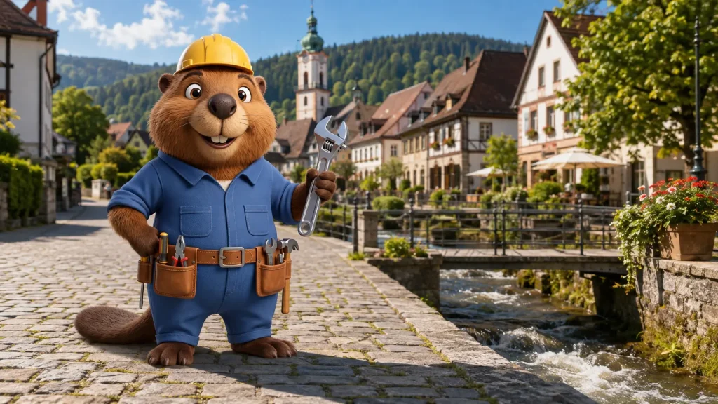 Bruno der Biber in St. Georgen im Schwarzwald vor der historischen Ortskulisse mit Bach und Schwarzwaldhintergrund.