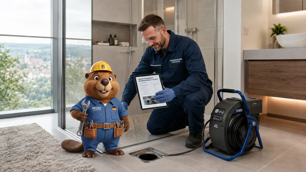 Bruno und ein Techniker prüfen in einem hellen Bad in Stockach den Duschablauf und den Arbeitsbericht.