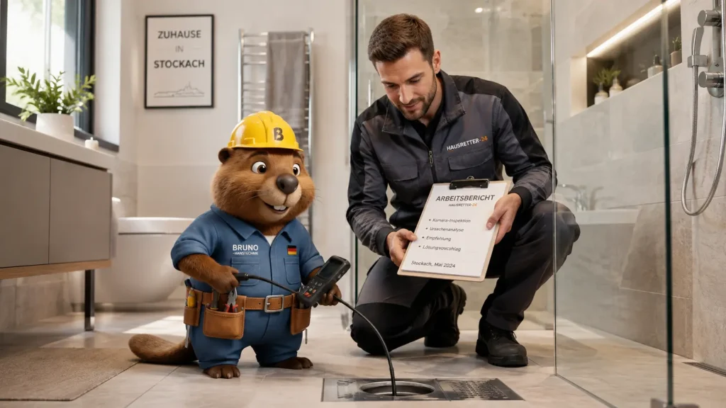 Bruno und ein Techniker prüfen in einem modernen Bad in Stockach den Duschablauf und den Arbeitsbericht.