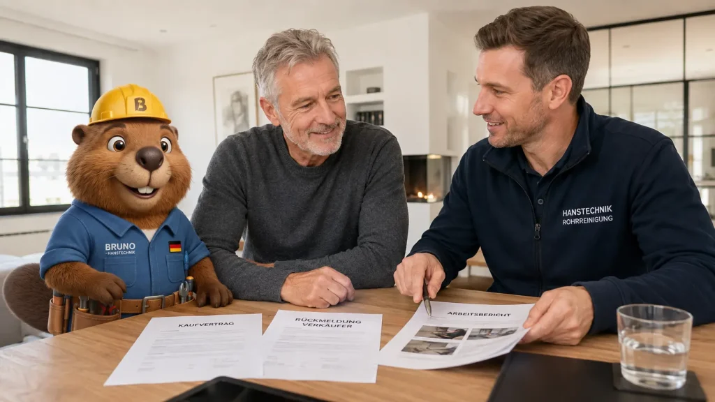 Bruno, Eigentümer und Techniker besprechen in Stockach Kaufvertrag, Verkäuferantwort und Arbeitsbericht.