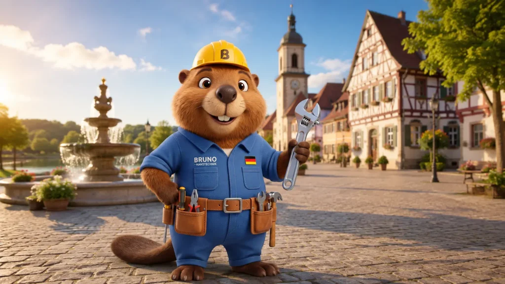 Bruno vor einer historischen Ortskulisse in Stutensee.