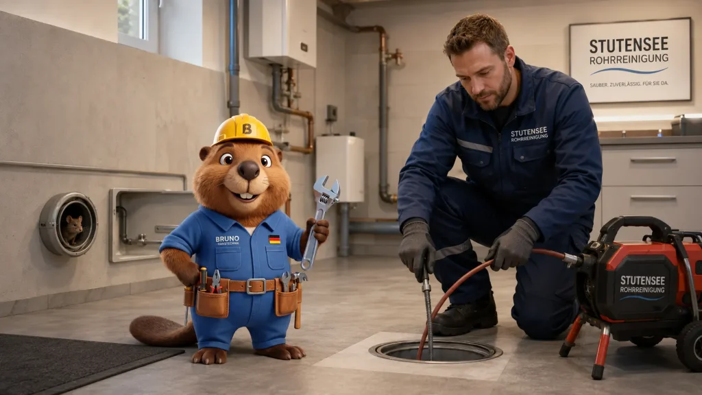 Techniker reinigt einen Revisionszugang, während Bruno und eine kleine Maus zusehen.