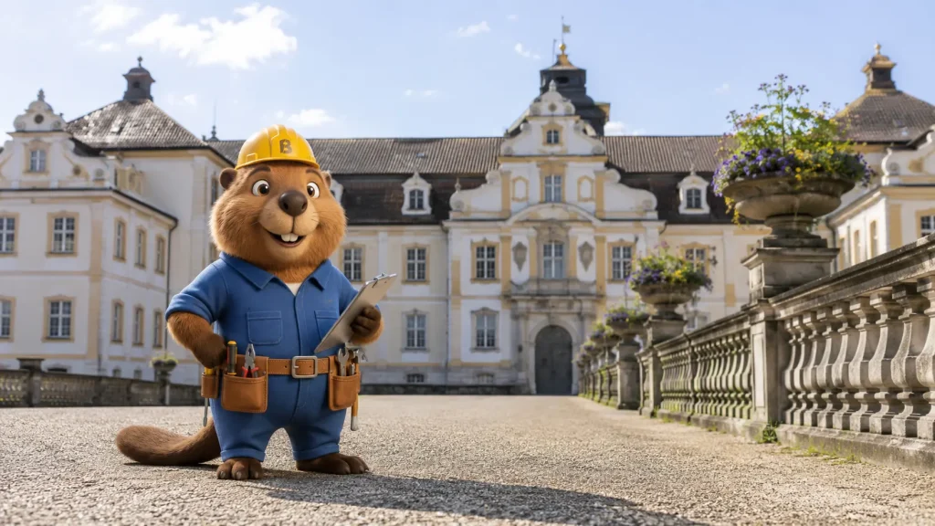 Bruno der Biber steht mit Werkzeug vor dem Neuen Schloss in Tettnang.