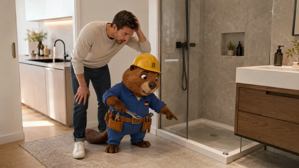 Bruno prüft mit Michael stehendes Wasser in einer Dusche in Tettnang.