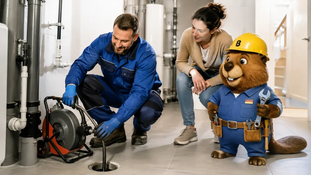 Ein Techniker reinigt im Keller eine Abwasserleitung, während Bruno und eine Bewohnerin zusehen.