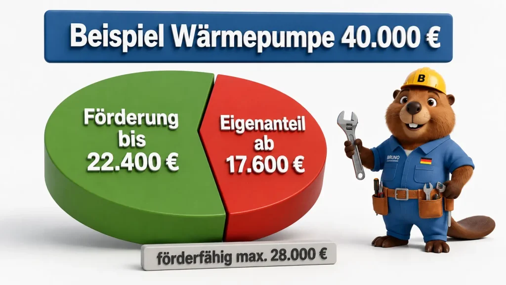 3D-Infografik mit Bruno: Beispiel Wärmepumpe für 40.000 Euro, bis zu 22.400 Euro Förderung und Eigenanteil ab 17.600 Euro bei maximal 28.000 Euro förderfähigen Kosten.