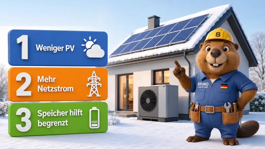 Wärmepumpe und Photovoltaik im Winter: weniger Solarstrom, höherer Strombedarf und die Rolle des Netzes.