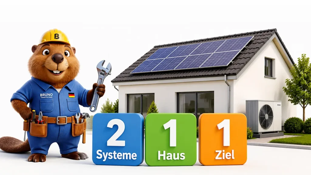 Wärmepumpe und Photovoltaik im Einfamilienhaus: Bruno zeigt die sinnvolle Kombination mit Solardach.