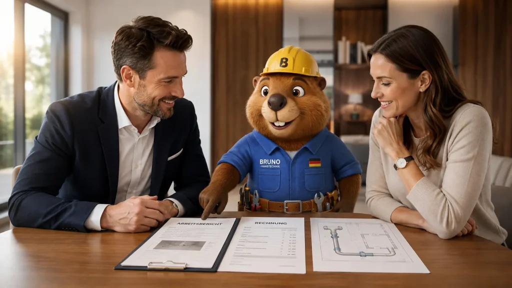 Hausverwaltung prüft Arbeitsbericht und Leitungsplan, Bruno sitzt mit am Tisch.