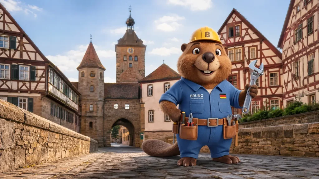 Bruno vor Fachwerkhäusern und Stadtturm in Weil der Stadt.
