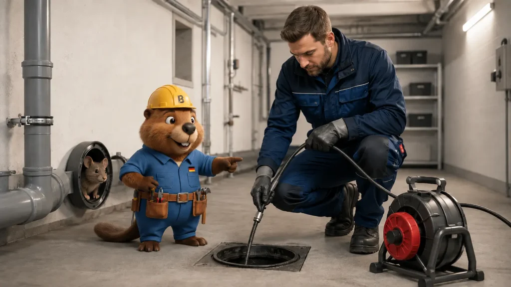 Techniker reinigt den Revisionszugang im Keller, Bruno beobachtet den Einsatz.