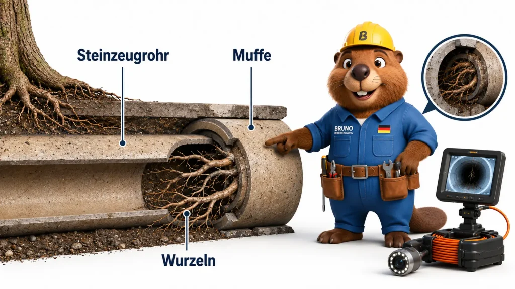 Wurzeleinwuchs im Steinzeugrohr: Bruno zeigt Wurzeln an der Muffe und die Kontrolle mit Rohrkamera.