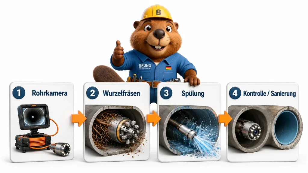 Rohrkamera, Wurzelfräsen, Spülung und Kontrolle: Bruno zeigt die Schritte bei Wurzeln im Rohr.