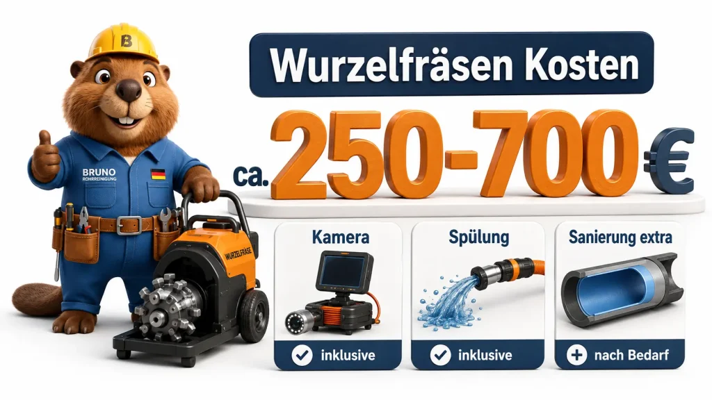 Wurzelfräsen Kosten: Bruno zeigt ca. 250 bis 700 Euro sowie Kamera, Spülung und Sanierung.