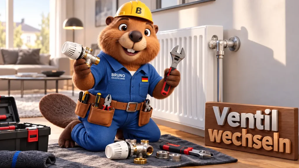 Bruno der Biber mit Heizkörperventil und Werkzeug neben einem modernen Heizkörper.