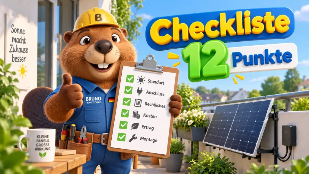 Bruno der Biber hält eine Checkliste mit 12 Punkten für den Kauf eines Balkonkraftwerks zu Standort, Anschluss, Kosten, Ertrag und Montage.