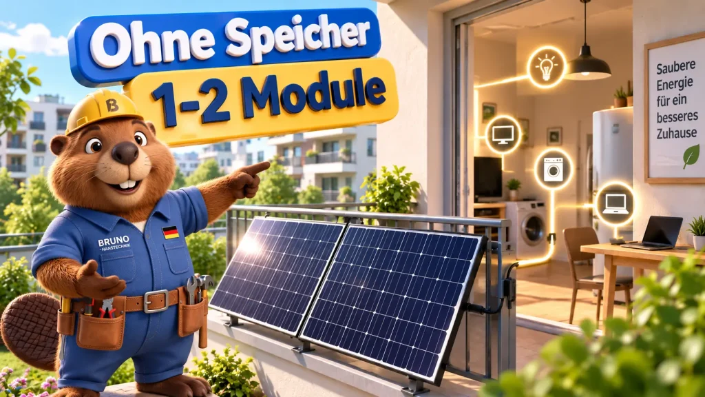 Bruno der Biber erklärt ein Balkonkraftwerk ohne Speicher mit ein bis zwei Solarmodulen und direkter Nutzung des Solarstroms im Haushalt.