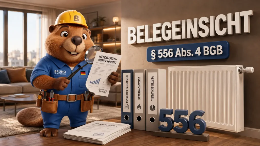 Bruno der Biber prüft in einer eleganten Wohnung eine Heizkostenabrechnung und erklärt das Recht auf Belegeinsicht nach § 556 Abs. 4 BGB.
