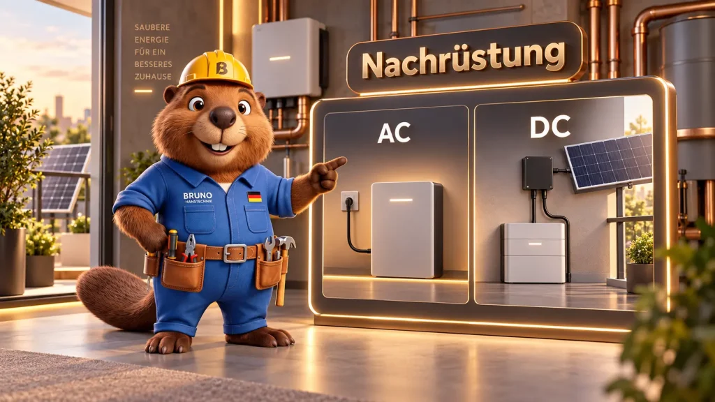 Bruno der Biber erklärt die Nachrüstung eines Balkonkraftwerk-Speichers und zeigt den Unterschied zwischen AC- und DC-Systemen.