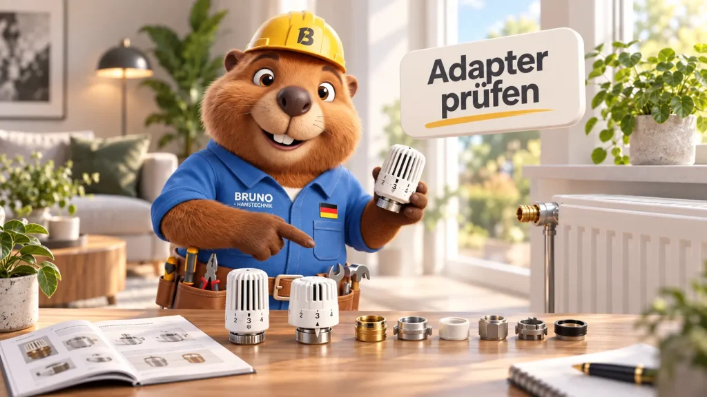 Bruno der Biber prüft verschiedene Adapter und Thermostatköpfe für einen Heizkörper in einer hochwertigen Wohnumgebung.