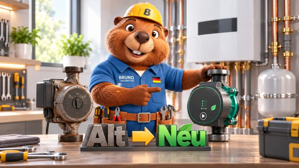 Bruno vergleicht eine alte Heizungspumpe mit einer modernen Hocheffizienzpumpe.