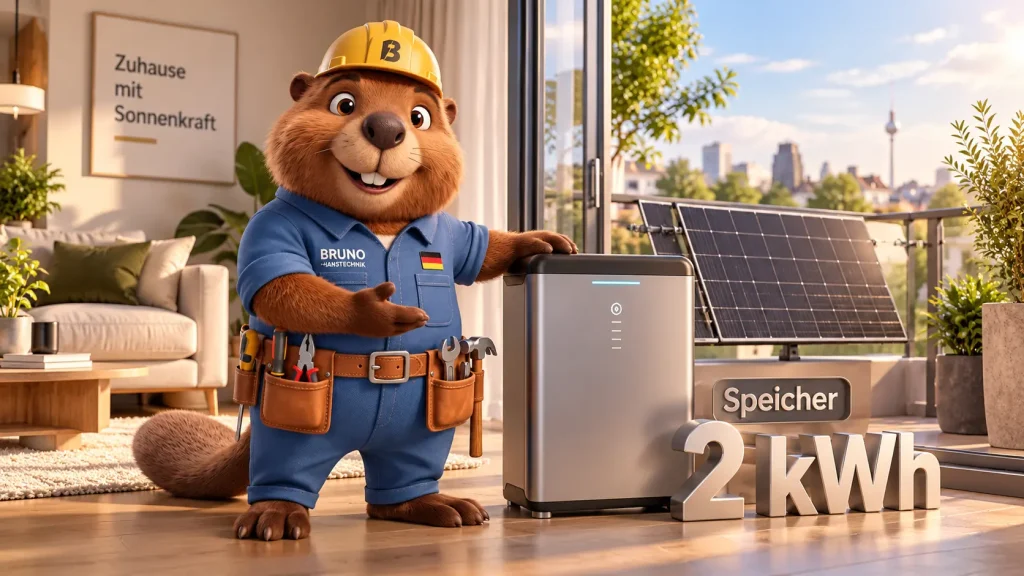 Bruno der Biber präsentiert einen 2-kWh-Speicher für ein Balkonkraftwerk in einer modernen Wohnumgebung.